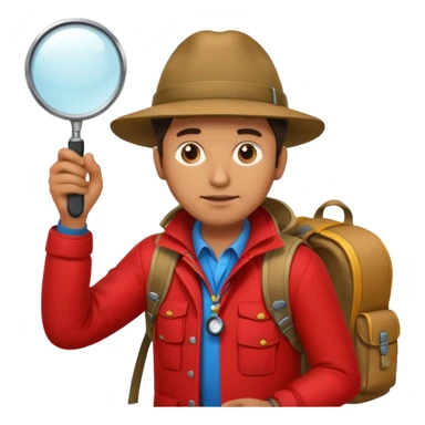 Explorer man with red jacket backpack and magnifying glass sticker