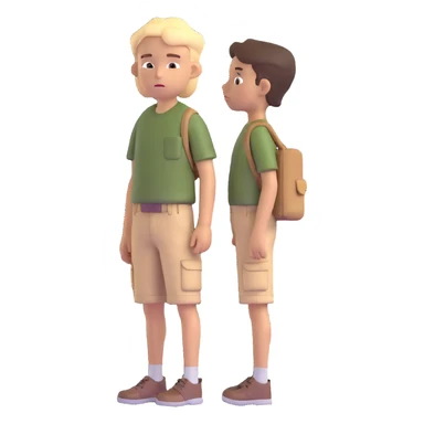 boy wearing an olive-green shirt over a brown T-shirt with beige cargo shorts sticker