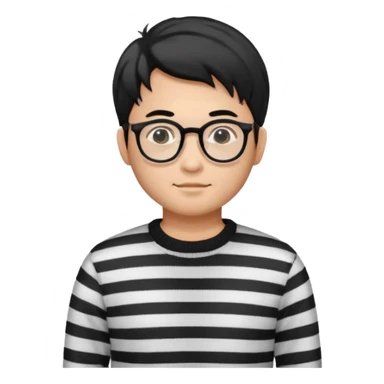 asian man with black curtains styled hair in striped sweater standing and in glasses sticker