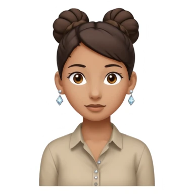 generate a pretty bratz girl with dark brown eyes. Dark brown hair tied in a single bun, tight beige button up shirt with top shirt open. diamond studs in ears. airpods in ear sticker