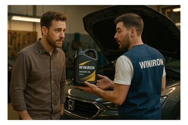Create a realistic automotive workshop scene. Two men are standing next to a car with its hood open. One man is a customer listening attentively. The other man is a Winiron employee wearing a white T-shirt and a blue vest with a “WINIRON” logo on the back. The Winiron employee is holding and recommending a Winiron engine oil canister. Background shows a workshop interior with tools, soft warm lighting, realistic reflections on the car body. Cinematic, detailed, 8K hyper-realistic, professional commercial photography style. sticker