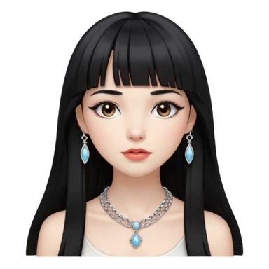 pale pretty girl with long black hair with straight bangs slightly above the brows and a hime cut after her chin, dark brown eyes, blushed lips and cheeks, long lashes, a silver necklace and  bracelets, with a classic timeless luxury style sticker