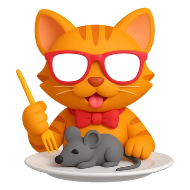 Make the cat orange, keep the 3D emoji style, cat wearing sunglasses and eating a mouse, with no background. The style should resemble Microsoft style 3D fluent emojis. sticker