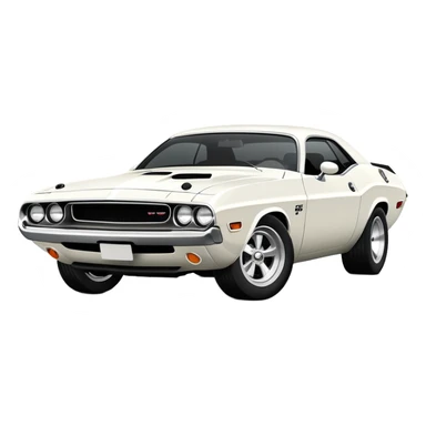 All-white 1971 Dodge Challenger from Tarantino's Death Proof, stylized iOS emoji look, clean white finish, iconic muscle car silhouette, simplified details sticker
