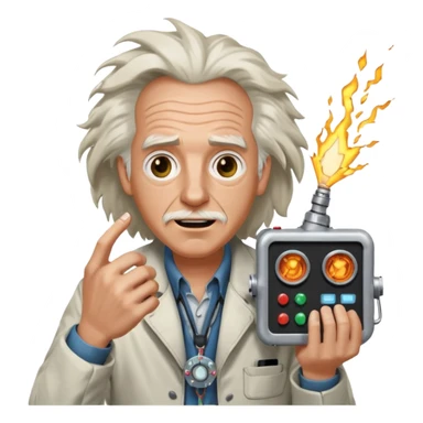 Doc Brown from Back to the Future, holding a flux capacitor, excited face, wild hair sticker