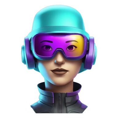 Secret humanoid agent in a futuristic hat with in Apple VR goggles headset code display on the goggles , cyberpunk, cyan and purple colors, only upper body portrait, front facing the camera  sticker