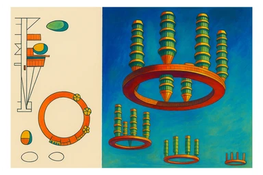 Летающий город в СССР 1920-х годов Георгия Крутикова слегка рисованный, но при этом объемный стиль, яркие цвета sticker