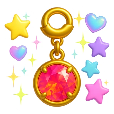add more Y2K accents: pastel stars, iridescent hearts, and neon sparkles around the elegant round cut pink sapphire holographic charm with gold setting and gold jump ring, extreme close-up, 3D emoji style sticker