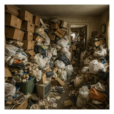a cluttered house overflowing with boxes, bags, and random items, representing a hoarding house, detailed, chaotic, messy environment sticker