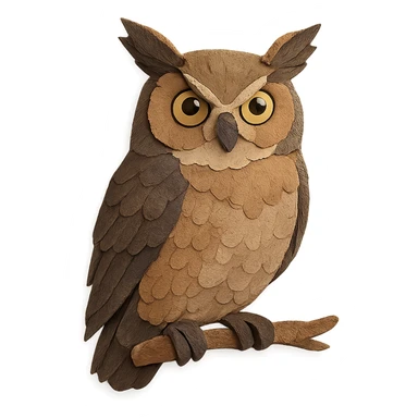 great horned owl on a branch, layered paper details, expressive yellow eyes, prominent ear tufts, brown and gray plumage, naturalistic pose sticker