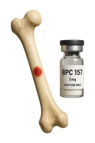 osso umano con red spot fluttua insiema a fiala medica con la scritta "BPC 157" SULL'ETICHETTA, iperrealistiche 4k sticker