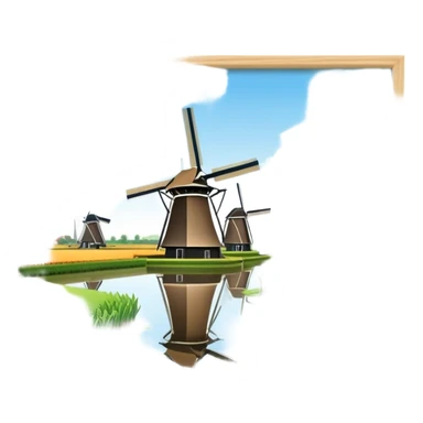 Cinematic Realistic Kinderdijk Windmills Landmark Emoji, showcasing traditional Dutch windmills aligned along a tranquil canal, with lush green fields, soft ripples in the water. sticker