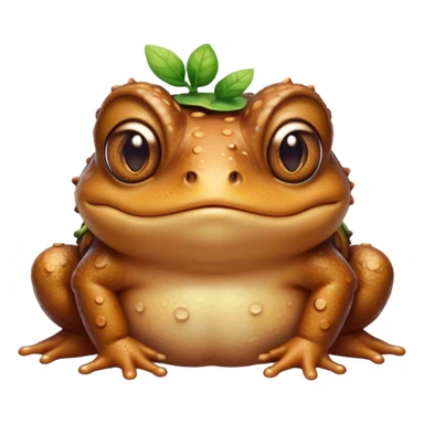 Cinematic Cute Toad Portrait Emoji, Head tilted playfully and inquisitively, featuring a charmingly plump form with bumpy, textured skin in rich earthy hues and round, sparkling eyes full of gentle mischief, Simplified yet irresistibly adorable features, highly detailed, glowing with a warm, friendly woodland glow, high shine, affectionate and lively, stylized with a touch of whimsical nature charm, soft glowing outline, capturing the essence of a mischievous yet loving toad that seems as if it could hop out of the screen into your arms! sticker