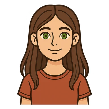 flat toon style portrait of a 17-year-old girl with green eyes, light skin, and long brown hair sticker