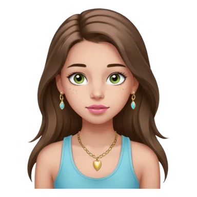 Create a teen girl wearing a light blue tank top. She will have long brunette hair, tan skin, pink lips, and grey-green eyes. She has long eyelashes. She also has light freckles and is wearing tiny gold jewelry sticker