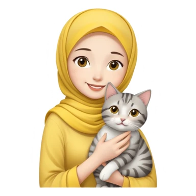 Asian White girl wearing yellow hijab and white dress holding a black grey tabby cat while smiling.  sticker