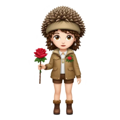full body woman short curly brown mullet hair brown eyes white skin wearing hedgehog hat and thorny rose jacket sticker