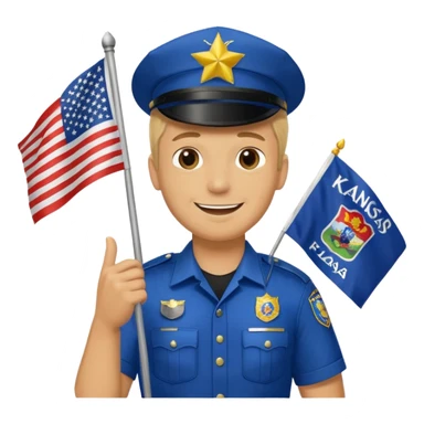 A blond male cop holding a Kansas flag sticker