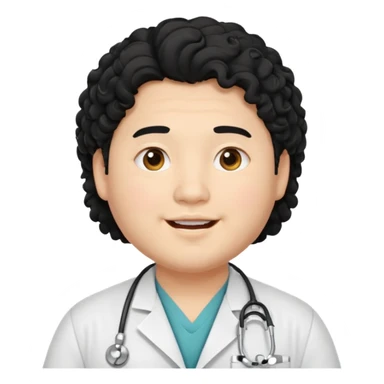 a young asian chubby male doctor with black long curly hair and cheerful face without gpasses sticker