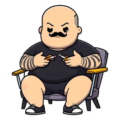 Overweight man sitting back in chair with legs spread, holding cigarette, exposed belly, round face, very short buzzcut hair, short beard with mustache, black t-shirt with light stripes on top, black shorts, tattooed arms sticker