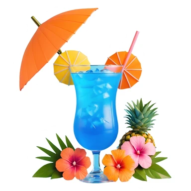 blue tropical cocktail with hibiscus, pineapple, and tiny pastel paper umbrella garnishes sticker