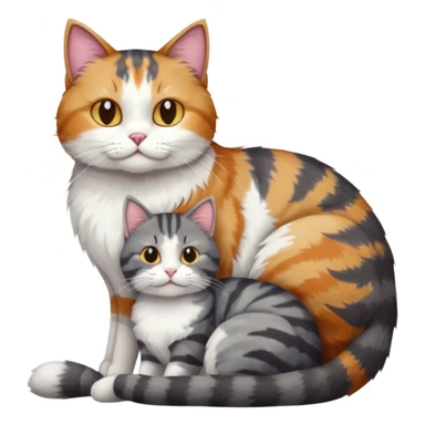 full body colourful light patched calico + white tabby cat cuddling a large dark grey and white tabby cat  sticker
