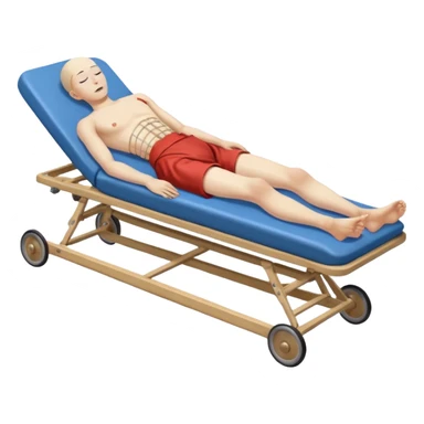 human figure, oriental appearance, full length, lying down, with injuries on an old stretcher, 1980 sticker