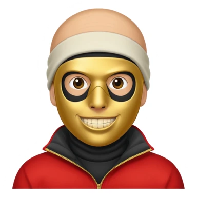 A bald guy wearing a ski mask with gold teeth sticker