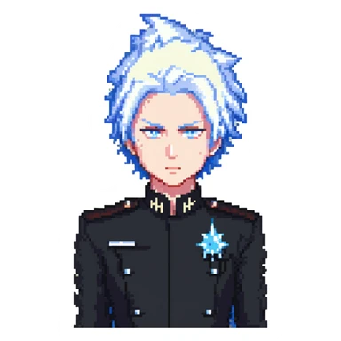 Gojo Satoru, pixel art, standing pose, white spiky hair, black uniform, blue eyes, minimal background sticker