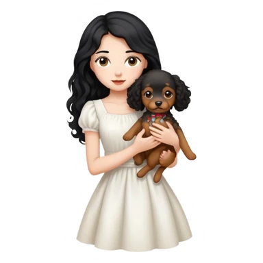 A beautiful girl with long black hair in a white dress holds a small brown curly-haired dog sticker