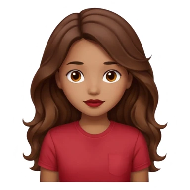Very light brown girl with long wavy brunette hair and blush, wearing dark red tshirt sticker
