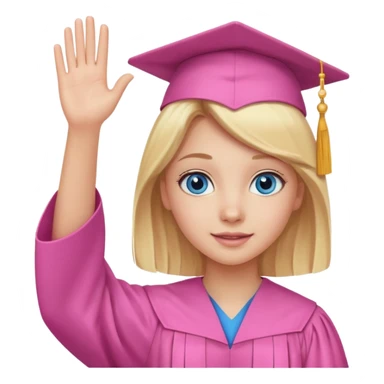 blue eyed blonde girl in pink graduation attire, waving, festive background sticker