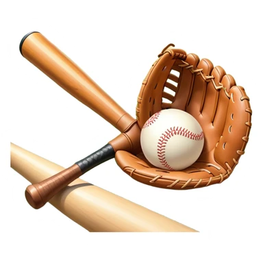 A baseball bat, ball, and glove resting on the ground, set against the backdrop of a baseball field. The scene captures the iconic equipment of the sport, with the field in the distance and a bright sky above, evoking the spirit of the game. sticker