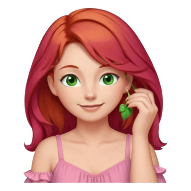 Face with red hair, green eyes, tucking her hair behind her ear, blushing rosy cheeks and smiling looking down, wearing pink dress sticker