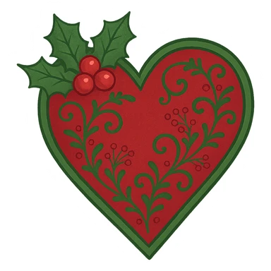 heart with Christmas theme, decorated with holly, red and green, remove background sticker