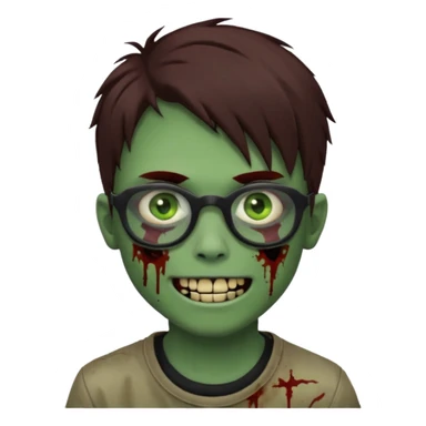 Zombie emo boy, green skin and brown hair, black glasses and a scary smile, scars and blood under eyes sticker
