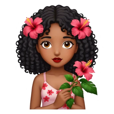 Girl with brown skin with black curly hair holding hibiscus flowers sticker
