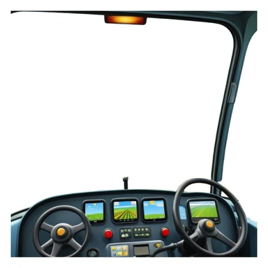 a view from the tractor cabin, with the dashboard in focus, overlooking a vibrant rural landscape. Inspired by Farming Simulator 22, the scene includes fields, crops, and distant barns under a bright sky. The design highlights the immersive experience of farm management. transparent background sticker