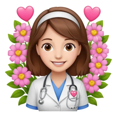 Brown hair Nurse with pink heart and flowers surround her sticker