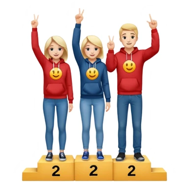 three people in jeans and hoodies on a winners podium labeled 2, 1, 3 left to right, center person on 1 step holding up one finger on each hand, bright cheerful expressive emoji illustration sticker
