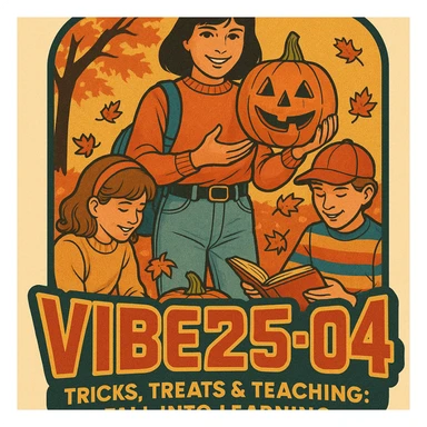 Create a logo that encompasses a retro 80's feel, nostalgic, ALSO RETRO.  Add the words "VIBE25-04: Tricks, Treats & Teaching: Fall Into Learning" sticker