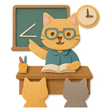 cat teacher sitting at a desk explaining to students, wearing glasses, classroom props visible, cute and charming style, paper craft style sticker