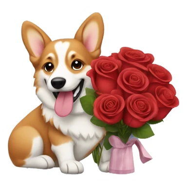 Red rose bouquet with a happy corgi sticker