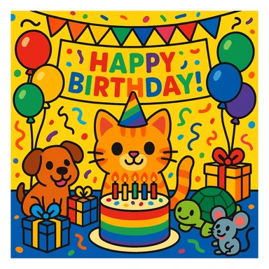 vibrant-toon style birthday party scene with a rainbow color theme including rainbow balloons, multicolored decorations, confetti, a large rainbow birthday cake, gifts, and a festive atmosphere. Main character is a ginger tabby kitten wearing a birthday hat, surrounded by a puppy, turtle, and mouse also celebrating. Prominent 'Happy Birthday!' message included in the scene. sticker