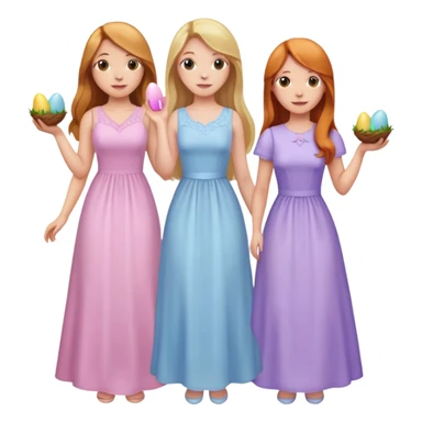 three lady friends celebrating Easter, blonde long hair and alight pink dress, brunette long hair light purple dress and ginger hair light blue dress sticker