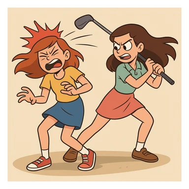 two girls, one striking the other with a golf club, exaggerated motion, vibrant colors sticker
