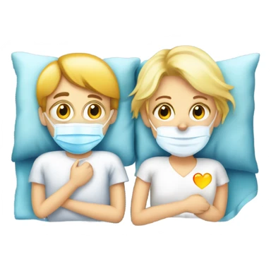 Two blonde children, sick, wearing masks, one Boy, one girl, sick in beds, at home, get well soon sign with yellow heart sticker