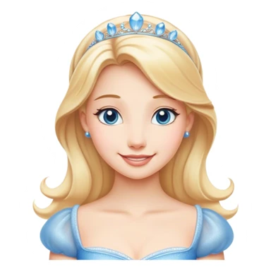 Cinematic Radiant Cinderella Portrait Emoji, rendered in a clean vector-style with bold proportions. Show Cinderella with a warm, serene smile, fair skin, and lustrous blonde hair, wearing a simple yet elegant dress that shimmers with gentle light. The image glows with an inviting, soft radiance and high shine, embodying timeless beauty. sticker