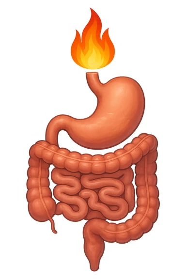 intestino e stomaco sono collegati, con una fiamma che brucia sopra, isolate su sfondo bianco sticker