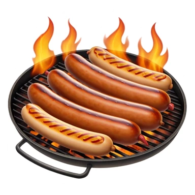 Cinematic Realistic Sausage Sizzle Dish Emoji, featuring sizzling sausages cooking over an open flame rendered with dynamic textures and warm, smoky lighting. sticker